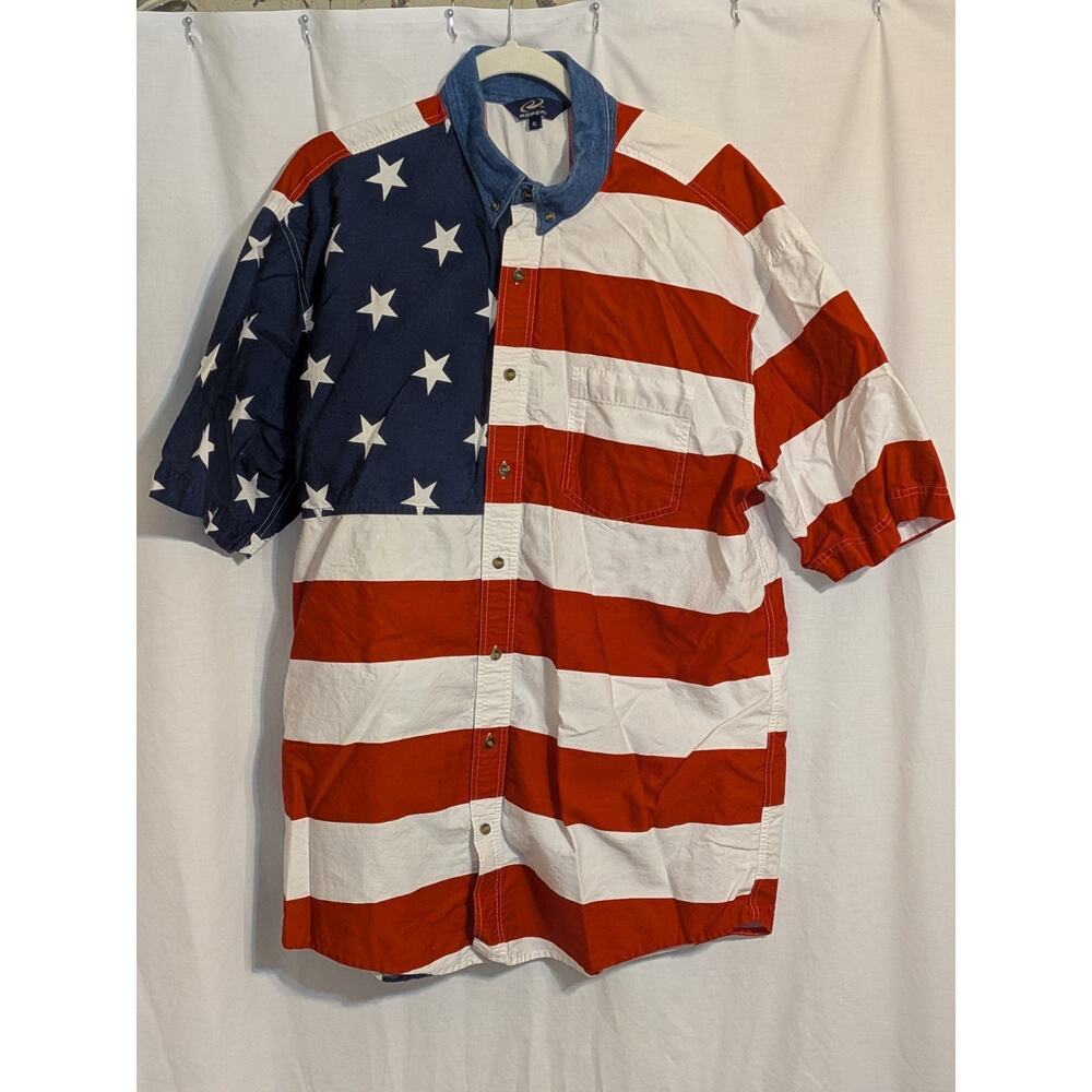 VTG 90s Roper 100% Cotton American Flag Stars & Stripes Button Down Polo Shirt
